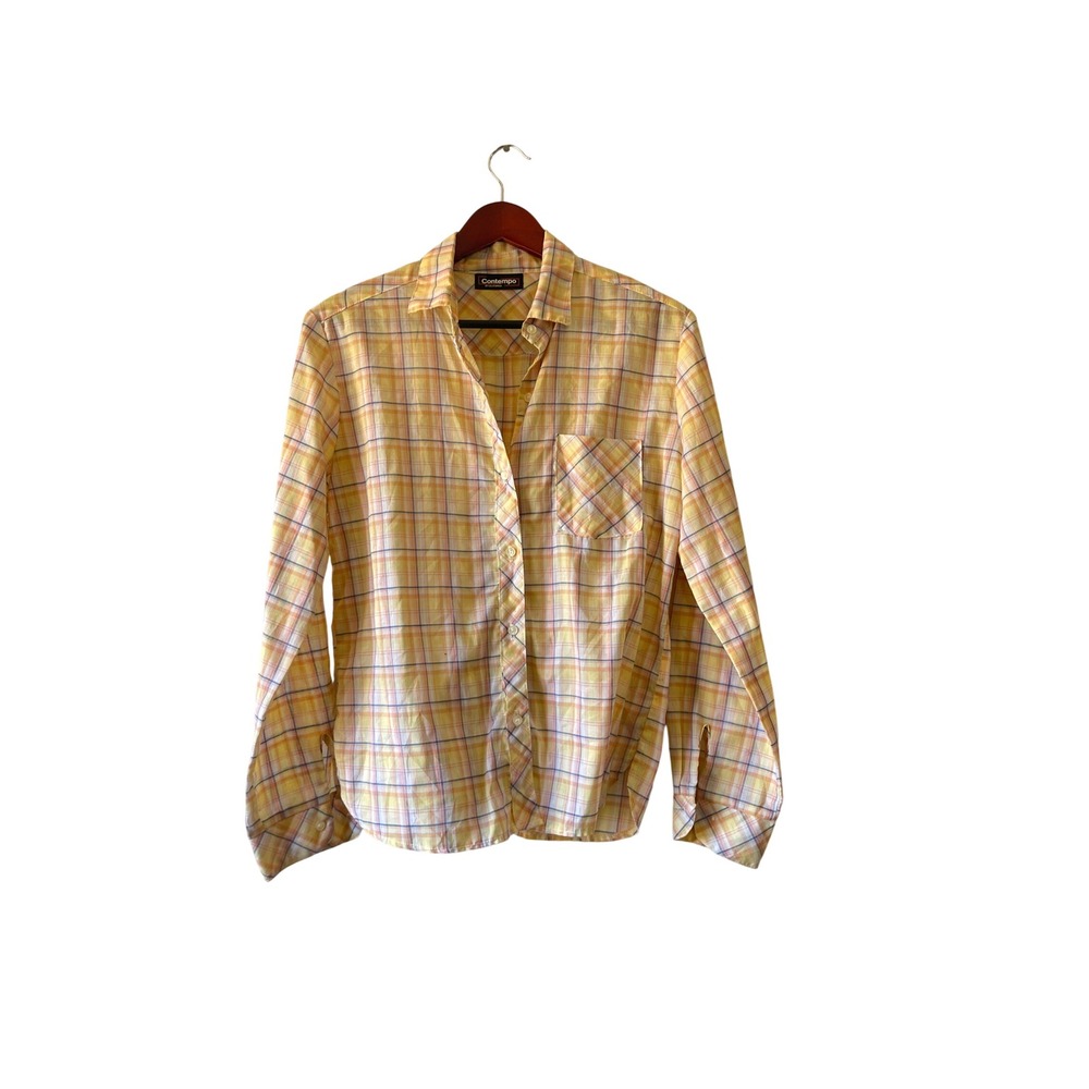 Vintage Yellow Plaid Button Down‎ Shirt Long Sleeve medium